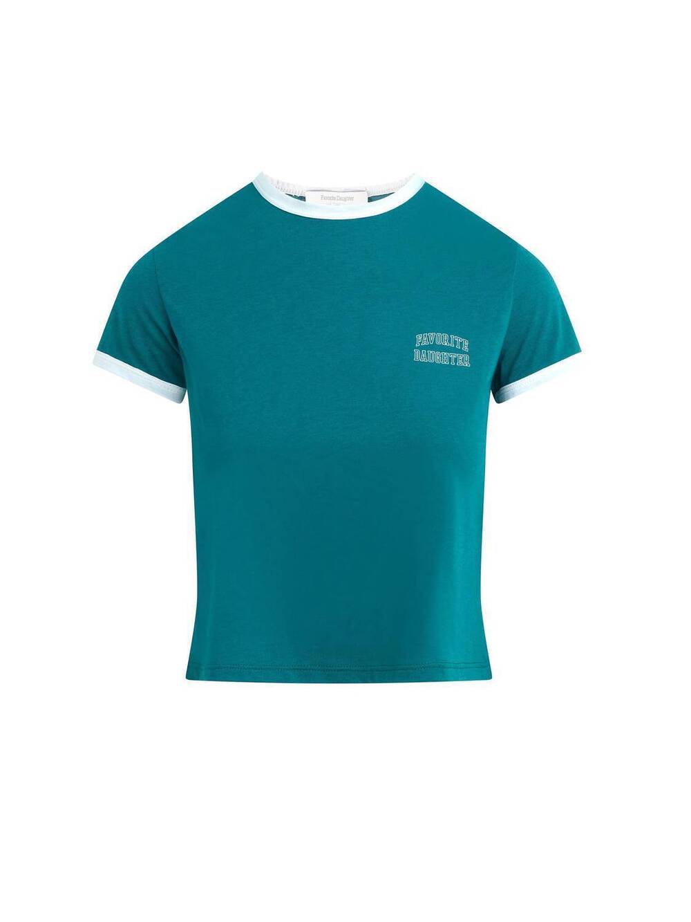 NEW FAVORITE DAUGHTER women's cropped logo ringer tee in emerald/off white